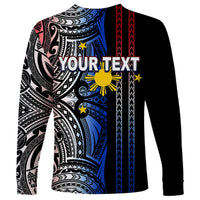 Black long-sleeve shirt with blue-and-white tribal back print and 'YOUR TEXT' banner.