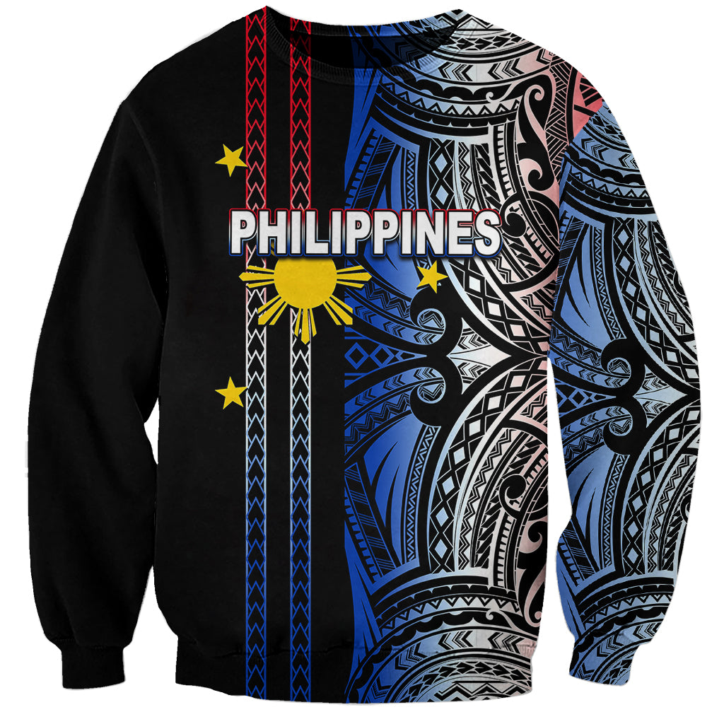 Black unisex sweatshirt with Philippines tribal graphic, full-front and full-sleeve print