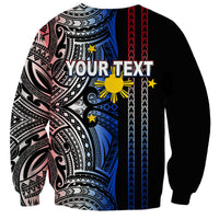 Black unisex sweatshirt with tribal print and blue/red stripes, YOUR TEXT on front