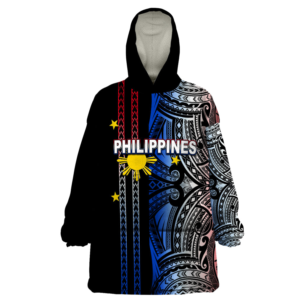 Custom Philippines Wearable Blanket Hoodie Polynesian Tribal Black LT6 - Wonder Print Shop