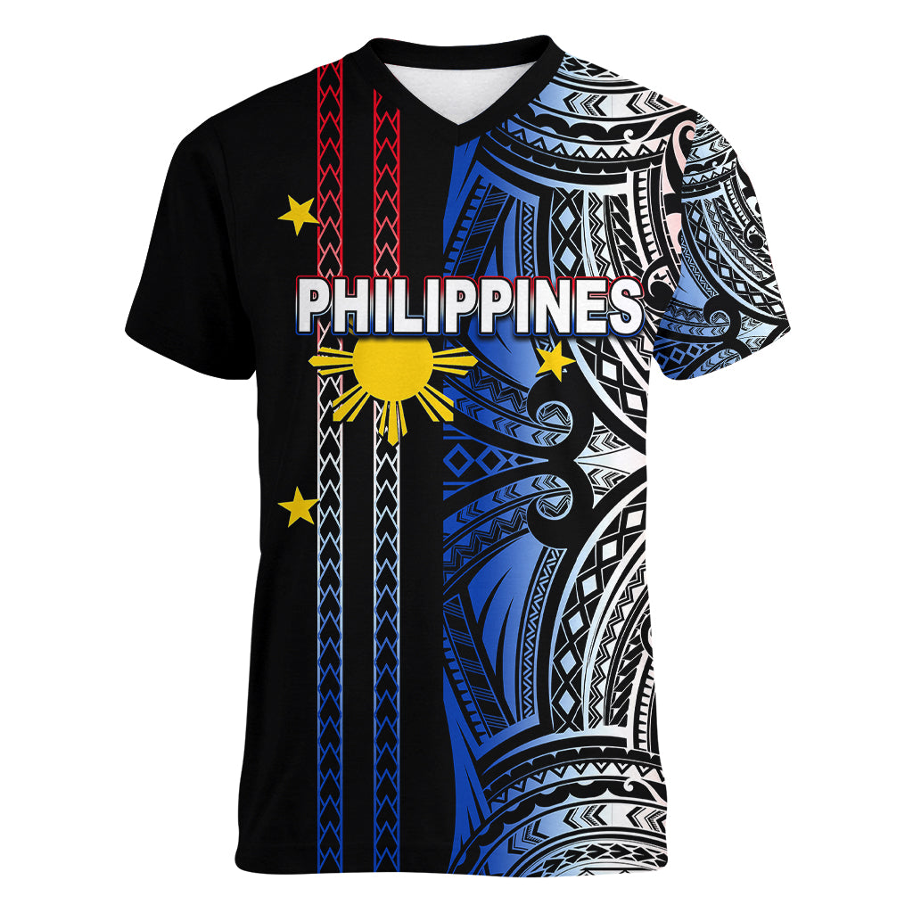 Custom Philippines Women V Neck T Shirt Polynesian Tribal Black LT6 - Wonder Print Shop