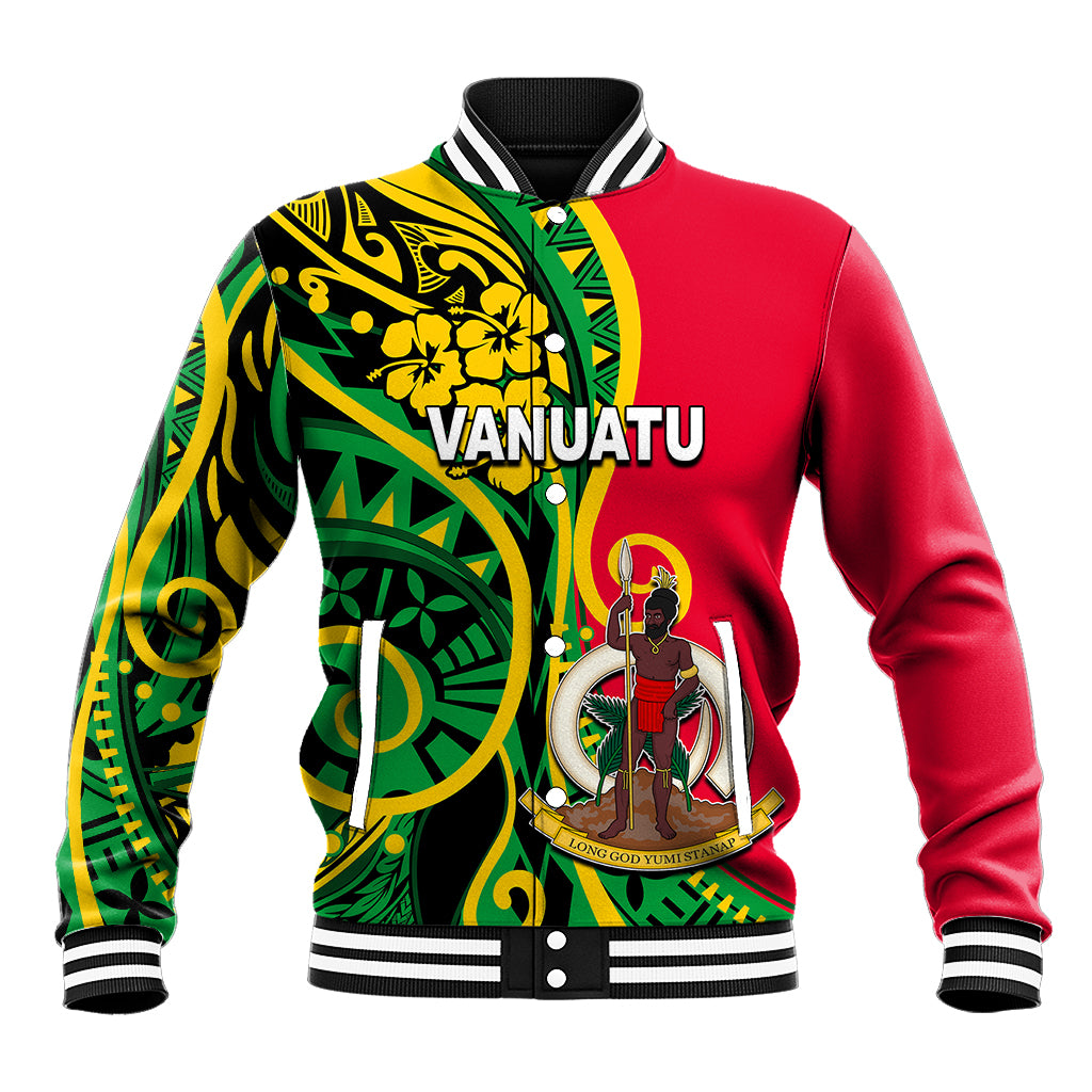 Green and yellow Polynesian patterned red baseball jacket with striped rib collar and snaps