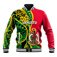 Green and yellow Polynesian patterned red baseball jacket with striped rib collar and snaps