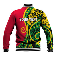 Red baseball jacket back with green and yellow Polynesian swirl print, ribbed striped cuffs
