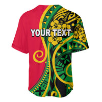 Red baseball jersey with green-yellow tribal pattern and 'YOUR TEXT' on back