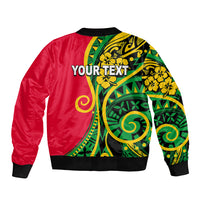 Red bomber jacket with green and yellow Polynesian pattern, 'YOUR TEXT' on back