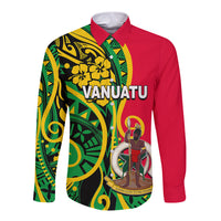 Long-sleeve button shirt with red sleeves and green/yellow Polynesian front panel