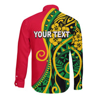 Red long-sleeve button shirt with green-and-yellow pattern and 'YOUR TEXT' on back