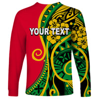 Unisex long-sleeve red shirt with green/yellow Polynesian pattern and "YOUR TEXT" graphic