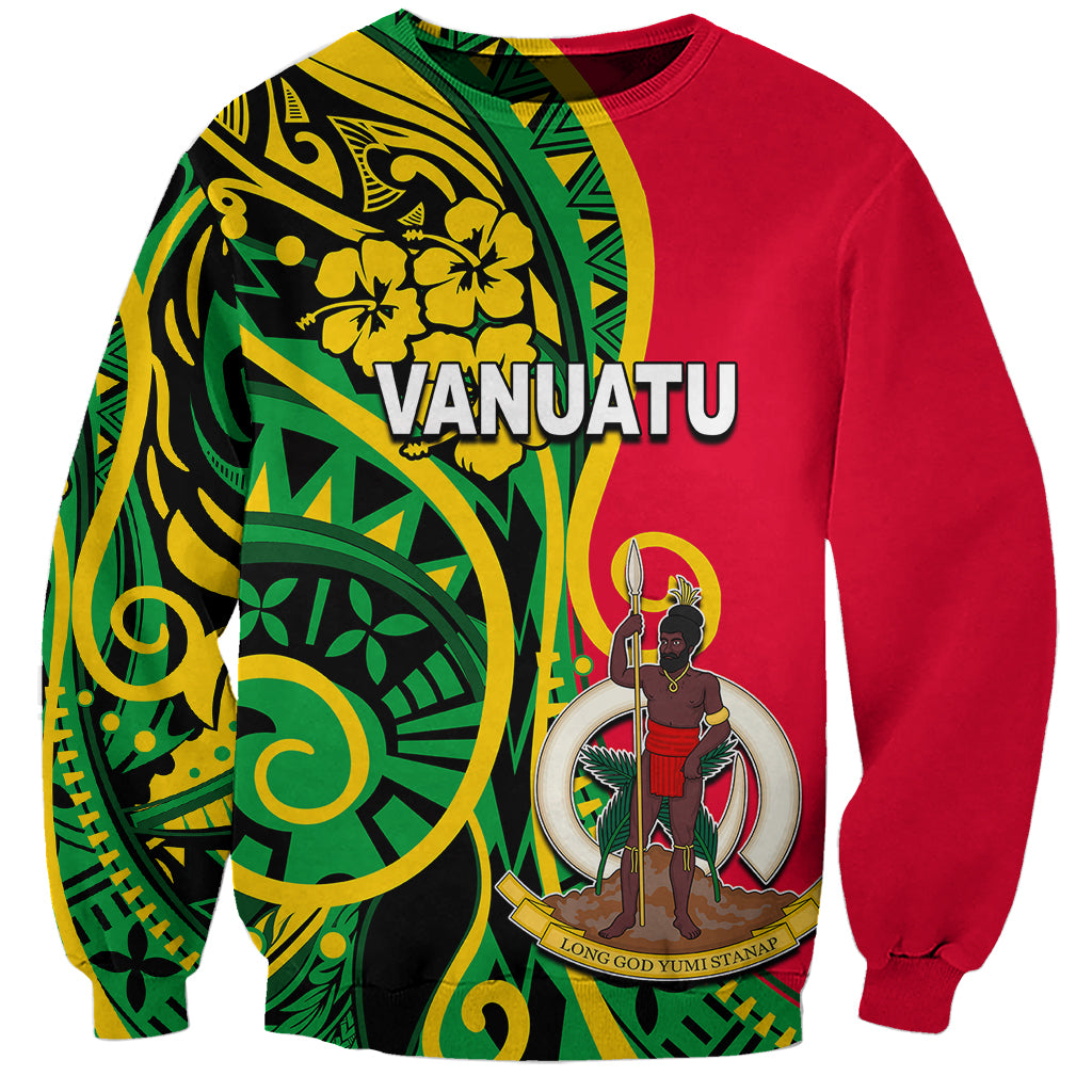 Red sweatshirt with green/yellow Polynesian crest print and central figure graphic
