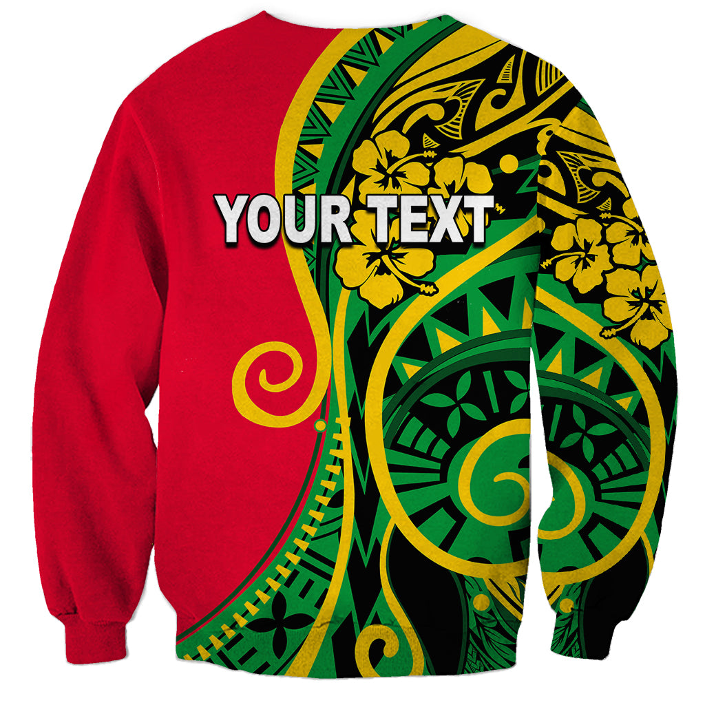 Red sweatshirt with large green/yellow Polynesian pattern and bold "YOUR TEXT" print