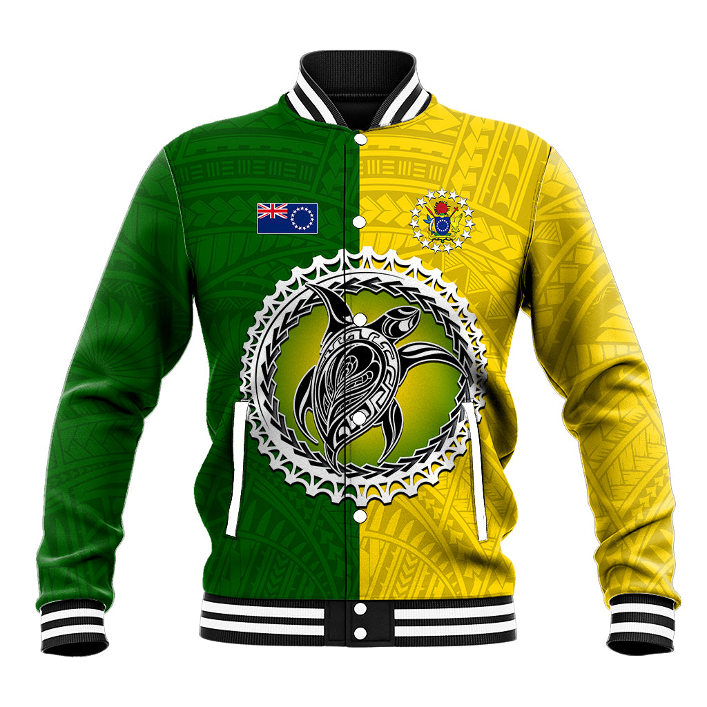Two-tone green and yellow half-style baseball jacket, striped ribbed collar, front emblems