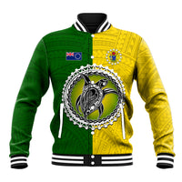 Two-tone green and yellow half-style baseball jacket, striped ribbed collar, front emblems