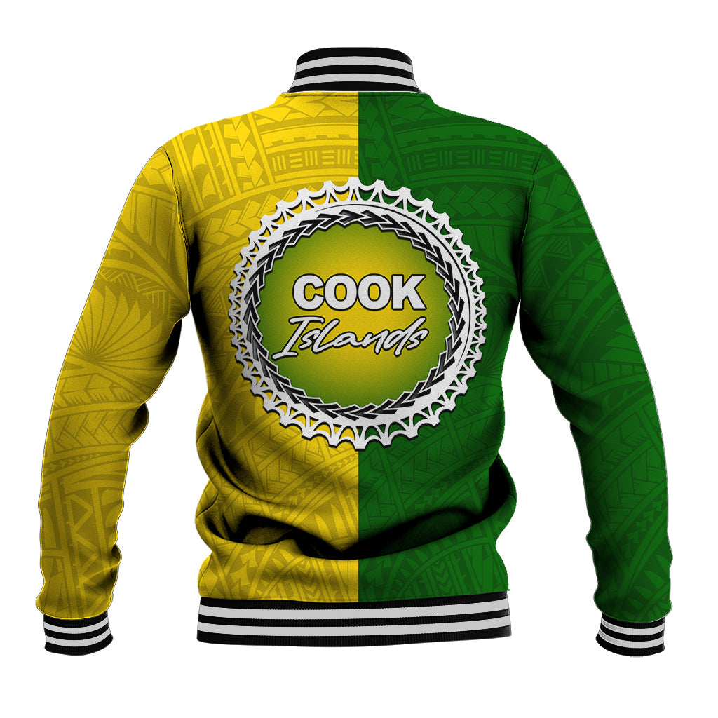 Two-tone yellow and green half baseball jacket, striped ribbed cuffs, back 'COOK Islands' logo