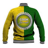 Two-tone yellow and green half baseball jacket, striped ribbed cuffs, back 'COOK Islands' logo