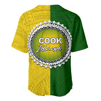 Cook Islands baseball jersey, green/yellow half with COOK Islands back logo