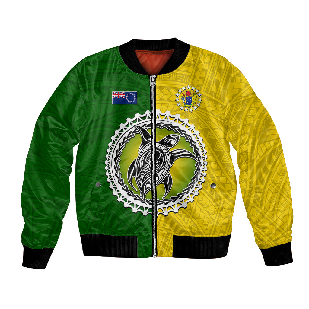 Unisex bomber jacket with green and yellow half design, front zipper and emblem graphic
