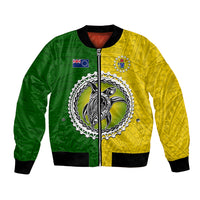 Unisex bomber jacket with green and yellow half design, front zipper and emblem graphic