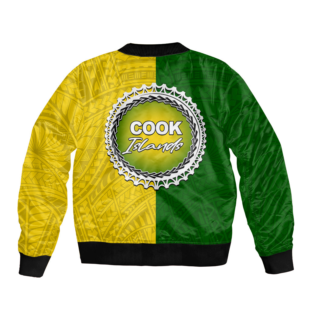 Unisex bomber jacket with green and yellow half design, large 'Cook Islands' back emblem