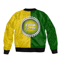 Unisex bomber jacket with green and yellow half design, large 'Cook Islands' back emblem