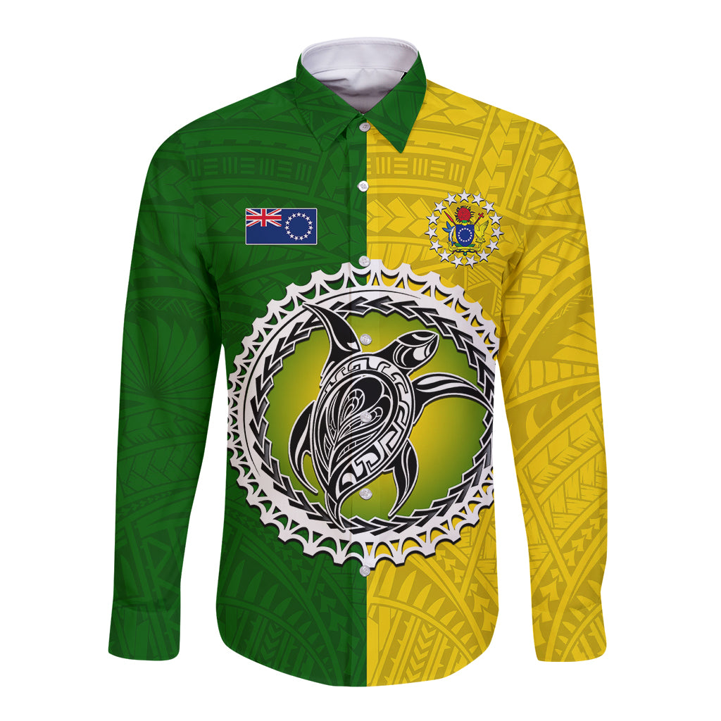 Long-sleeve button shirt with green and yellow half design and central circular graphic emblem