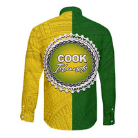 Long-sleeve button shirt with green and yellow half design and 'COOK Islands' oval back print
