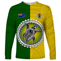 Unisex long sleeve shirt, half green half yellow with Cook Islands emblem and flag