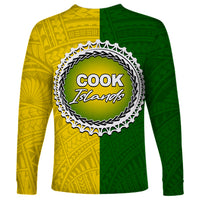 Unisex long sleeve shirt, half yellow half green with circular 'COOK Islands' logo