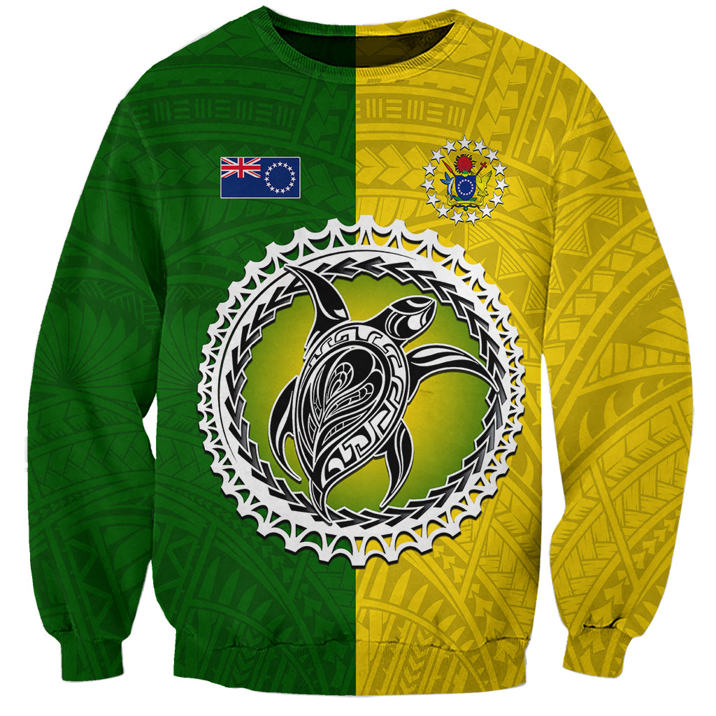Unisex crewneck sweatshirt, green and yellow half, large circular graphic with island symbols