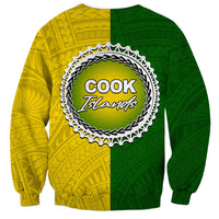 Unisex crewneck sweatshirt, green and yellow half, back shows 'Cook Islands' logo emblem