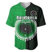 Green and black baseball jersey with button front, Rarotonga graphic and crest