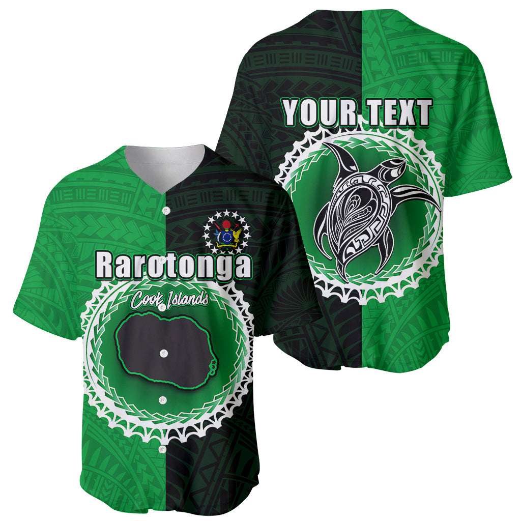 Green and black baseball jersey with front Rarotonga print and back YOUR TEXT