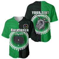 Green and black baseball jersey with front Rarotonga print and back YOUR TEXT