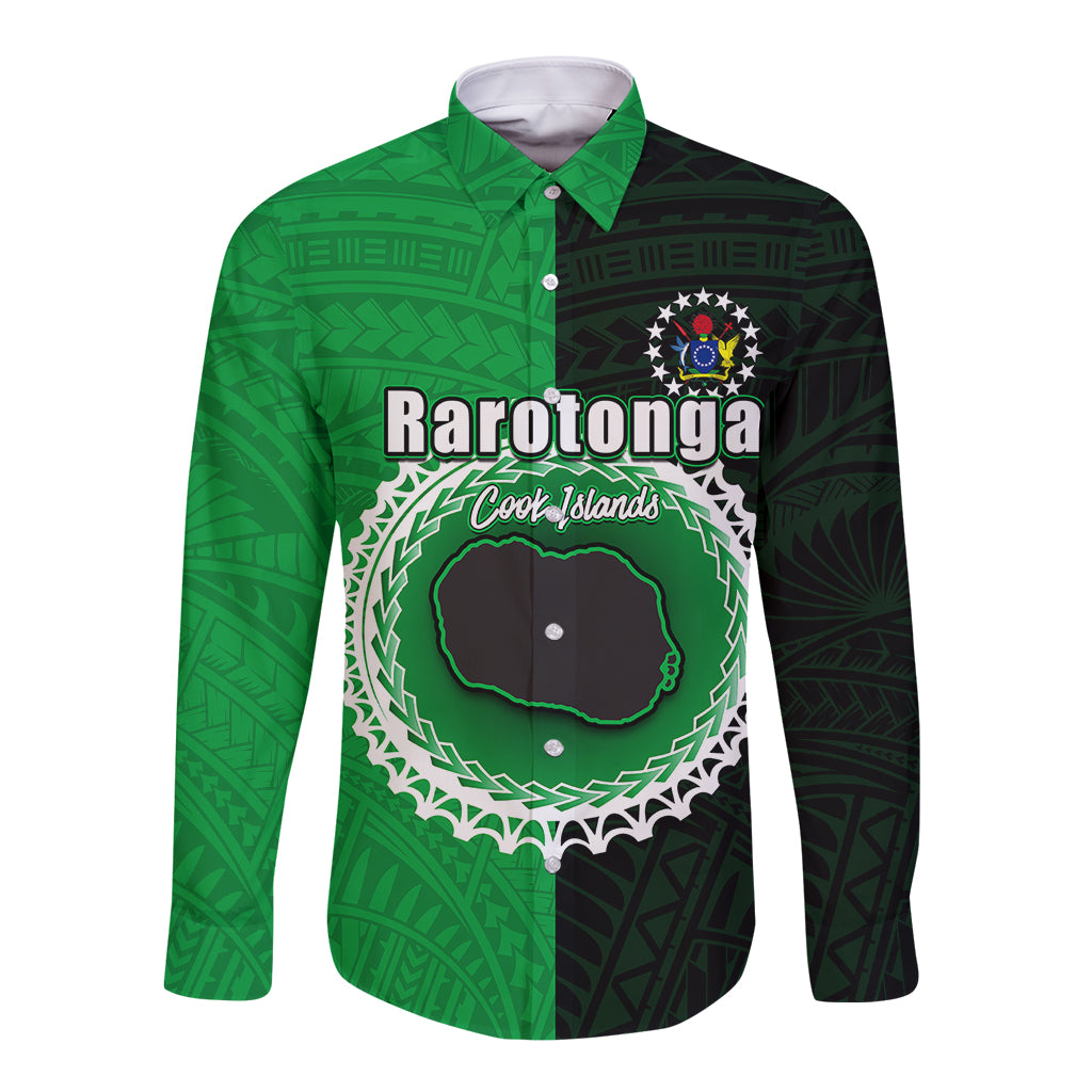 Green and dark long-sleeve button-up shirt with front graphic and collared placket