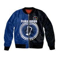 Blue and black bomber jacket with front zip and Rakahanga-style emblem