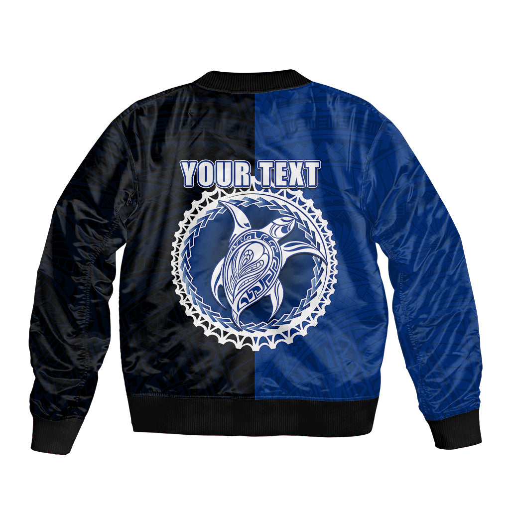Black and blue bomber jacket with back graphic, 'YOUR_TEXT', and ribbed hem