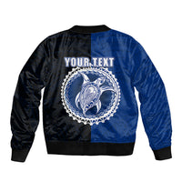 Black and blue bomber jacket with back graphic, 'YOUR_TEXT', and ribbed hem