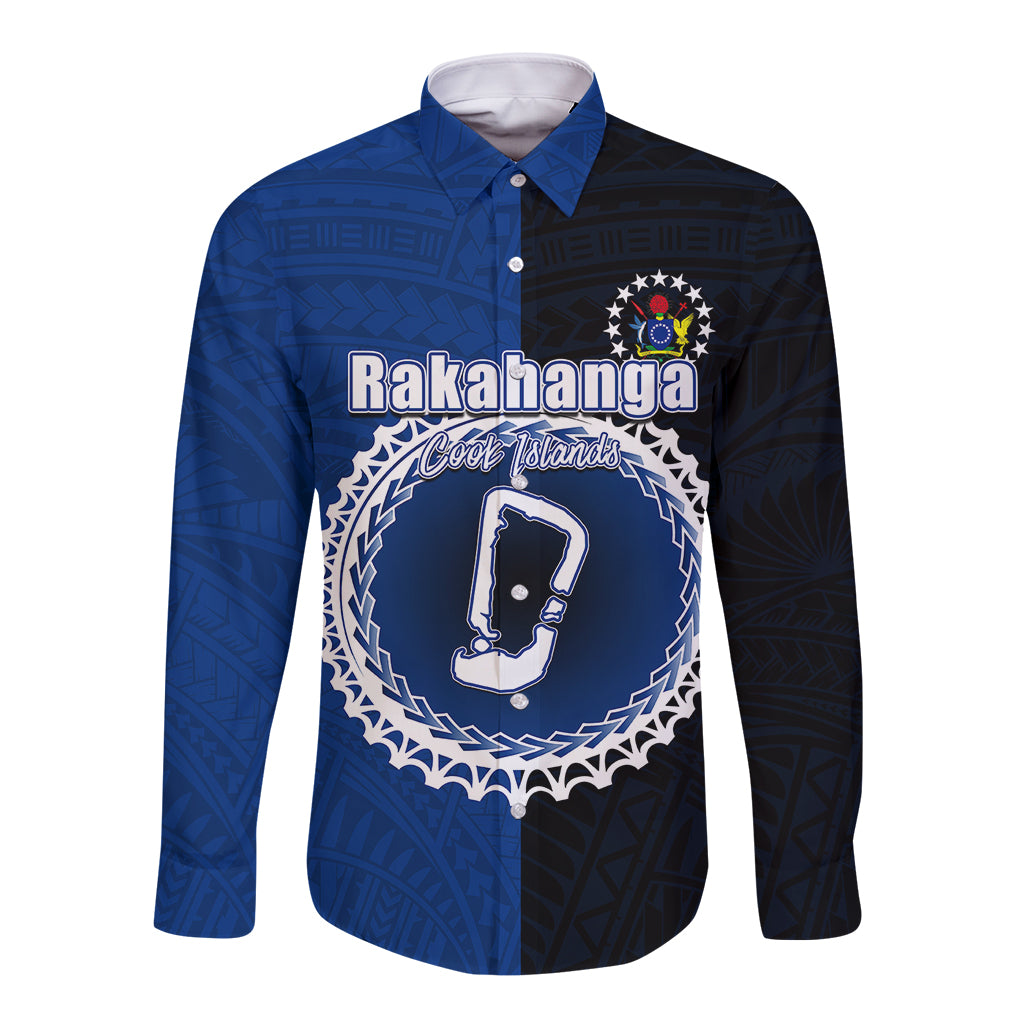 Blue long-sleeve button shirt with dark sleeves and front crest graphic