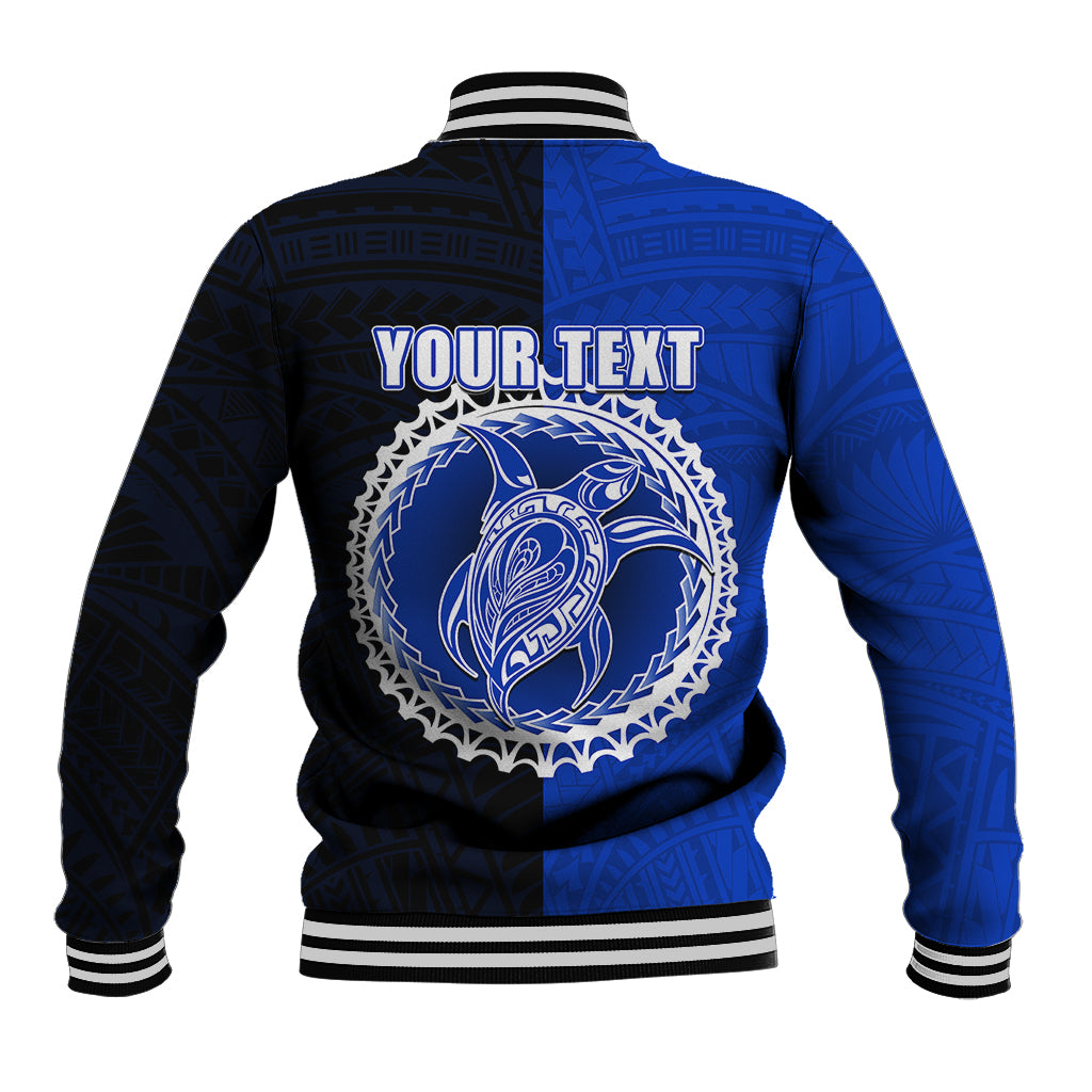 Two-tone blue and black baseball jacket, striped ribbed collar, back graphic logo