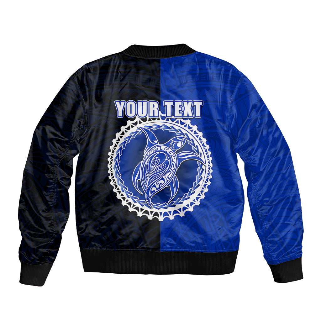 Blue and black bomber jacket, back design with YOURTEXT and circular emblem