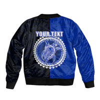 Blue and black bomber jacket, back design with YOURTEXT and circular emblem