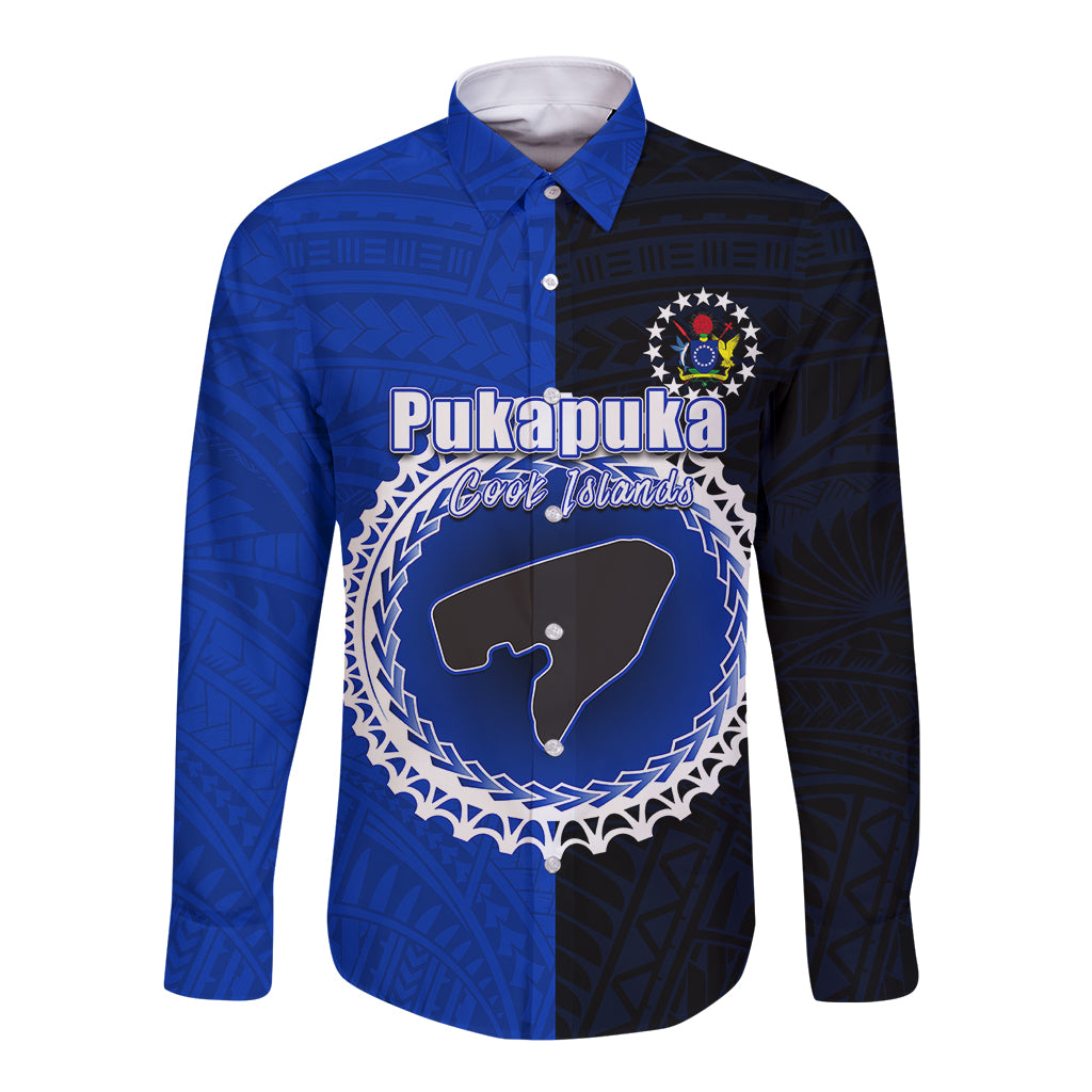 Long sleeve button shirt, blue and dark half, front graphic crest and button collar