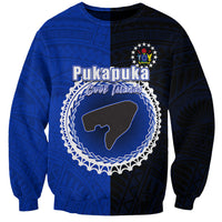 Unisex crewneck sweatshirt, half blue and dark with circular logo print on front