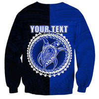 Unisex crewneck sweatshirt, half blue/dark, “YOUR TEXT” and circular graphic on back