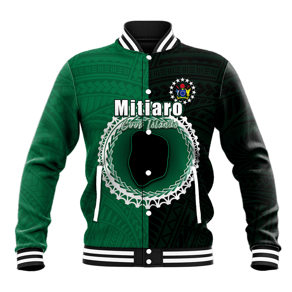 Green and black baseball jacket with button front, striped ribbed collar, Mitiaro graphic