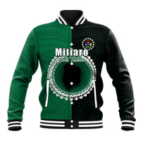 Green and black baseball jacket with button front, striped ribbed collar, Mitiaro graphic
