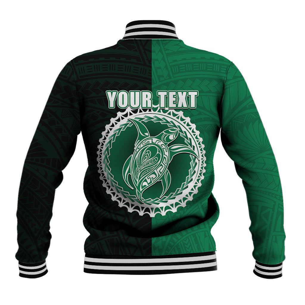 Green and black baseball jacket with striped ribbed collar and back 'YOUR TEXT' circle design