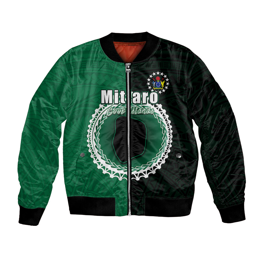Green and black unisex bomber jacket with front zipper and Mitiaro graphic patch