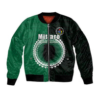 Green and black unisex bomber jacket with front zipper and Mitiaro graphic patch