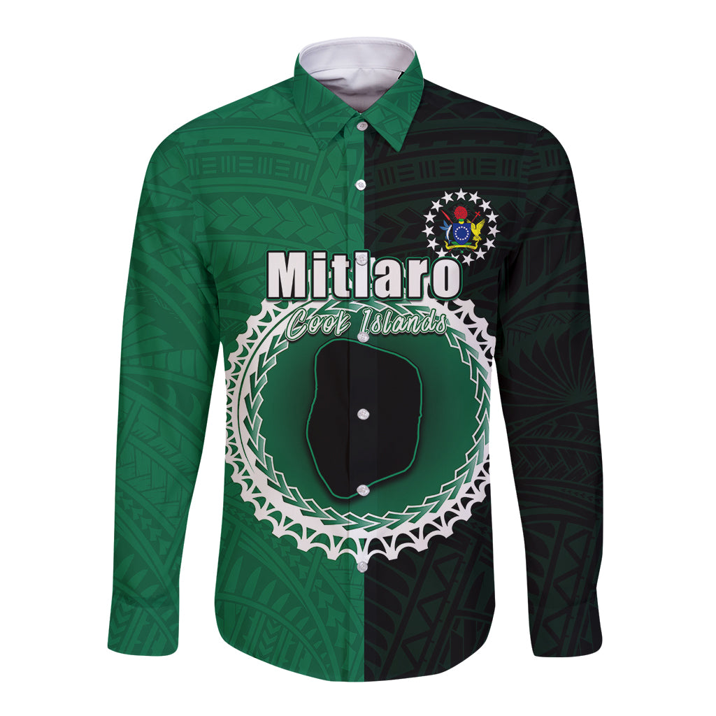Green and dark long-sleeve button shirt with front crest and patterned design
